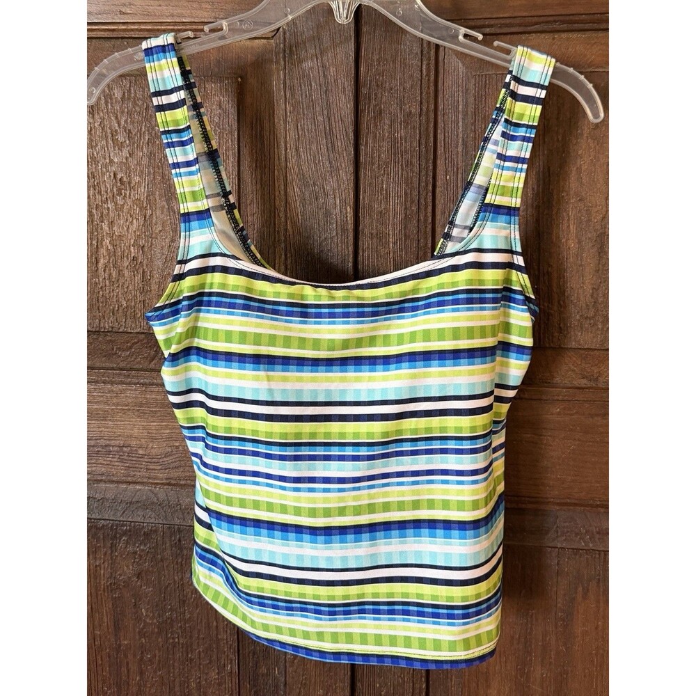 Gabar Women’s Tankini Swimsuit Top Blue Green White Striped Bathing Suit Sz 10